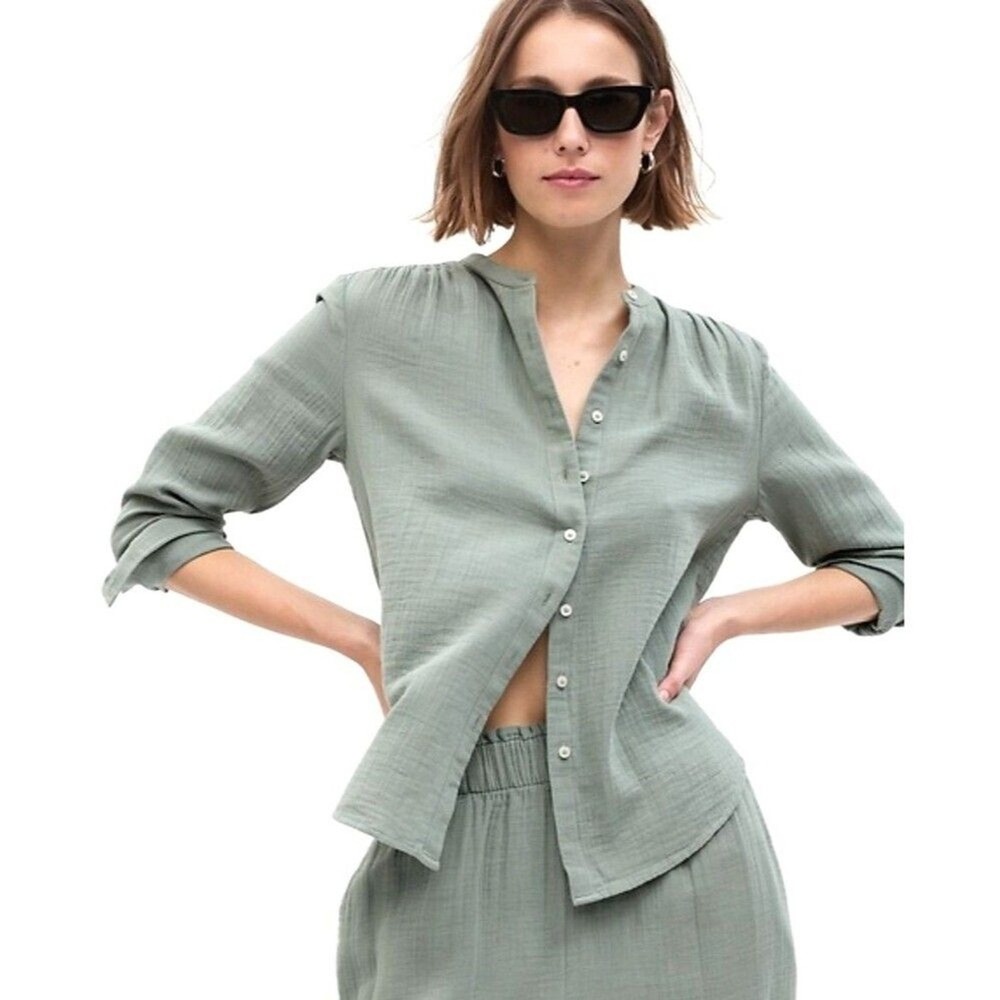 GAP Women Crinkle Gauze Cotton Long Sleeve Button Up Blouse L Sage Green 1043E4